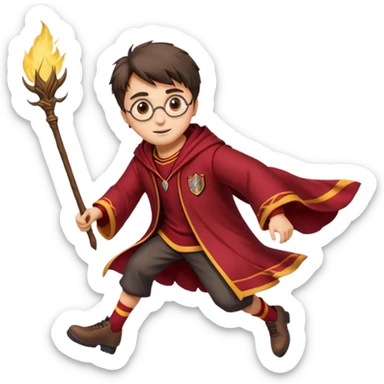 Cartoon-style illustration of Harry Potter flying on a broomstick, Gryffindor red and gold outfit, expressive face, dynamic motion, magical vibe, smooth shading, vibrant colors, no background, transparent background, isolated character. sticker