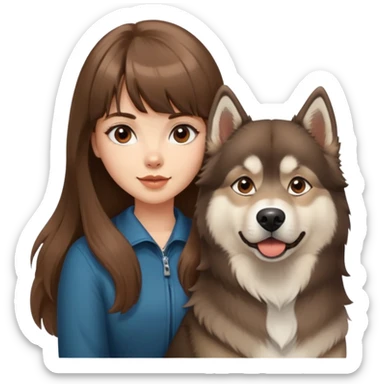 A beautiful Caucasian girl with brown blunt bangs and big wavy hair, and a brown Alaskan Malamute dog. sticker