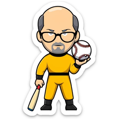 Steve Jobs with glasses and black turtleneck under Bruce Lee yellow jumpsuit, holding baseball bat and ball sticker