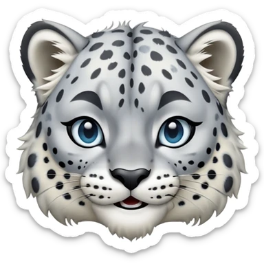 Cinematic-Comical-Snow-Leopard-Portrait-Emoji – Head tilted dramatically with an exaggeratedly amused expression, featuring a thick, spotted white-and-grey coat with a dense ruff around the neck, wide, piercing icy blue eyes filled with playful disbelief zoomed out showing the shoulders sticker