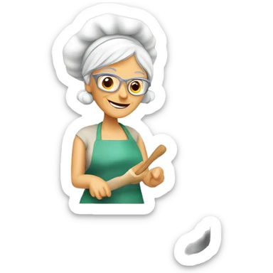 Cute cartoon Italian woman looking grandma cooking marshmallows in kitchen sticker