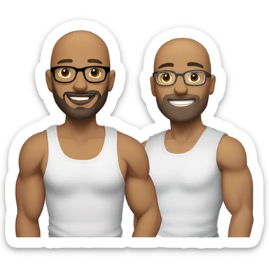 two gay male couple, one of them is a bald, light skin man, with muscled body, tall, with glasses, and the other one is shorter, with darker skin, also  muscled, with long hair in a ponytail, and hairy body, both have a light beard sticker