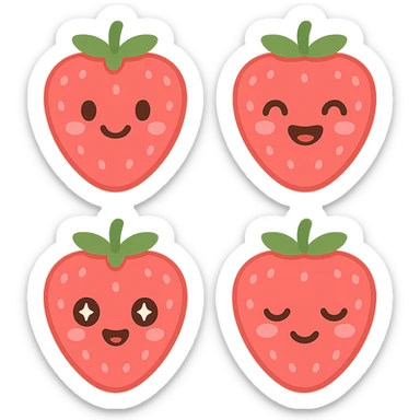 A series of illustrations stawberry in a kawaii emoji style, with detailed shading and highlights, thin clean outlines, soft and rounded features. Pastel color palette using  #FF5B5B, #CE4C4C,#CE4C4CThe style is inspired by modern Japanese pop art and sticker aesthetics. Highly detailed, vector clarity, soft lighting and subtle shadows. Transparent background without background. sticker