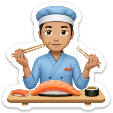 Sushi master making sushi, In a light blue (#a8d6f3) clothes sticker