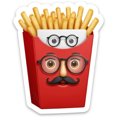 long slim crispy fries in a red carton, carton has eyes and mustache and glassess sticker