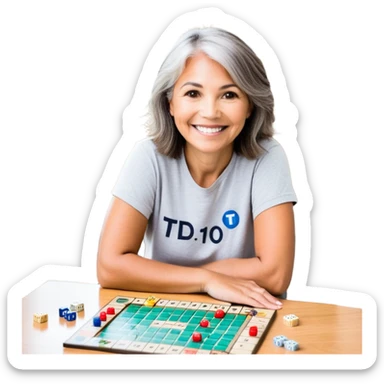 journey on a small game board about Type 1 diabetes and aging with less roads, less buildings (hospital, places to live, advocacy, physical changes, to share knowledge and ways of coping, energetic with text: T1D to 100 and subtext Aging with Type 1 diabetes, easy for seniors to see sticker