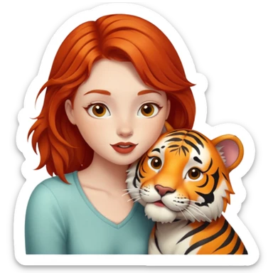 redhead girl kissing happy tiger sticker