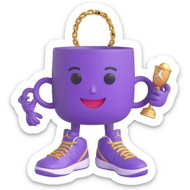 Change the cup to purple while keeping the 3D cartoon style. Maintain the friendly face, arms, gold chain, and Jordan sneakers. No background. sticker