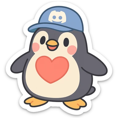 chubby penguin wearing a Discord logo hat with a large red heart on its chest in pastel-toon style sticker