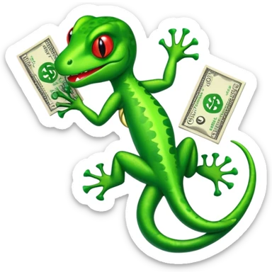 green gecko throwing up green money and dollar signs sticker