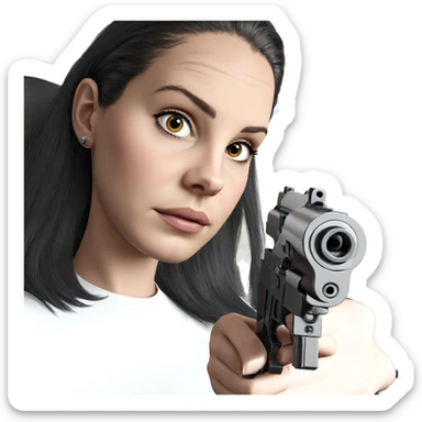 black haired girl with gun sticker
