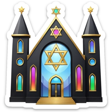 jewish synagogue temple in dark goth aesthetic style with black building and very light tint glass windows that are rainbow if looked at together. and star of david and celestial symbolism sticker