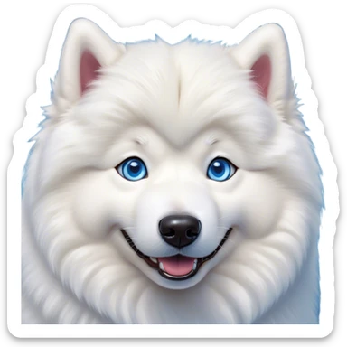 Cinematic Comical Samoyed Portrait Emoji, Head tilted dramatically with an exaggeratedly amused expression, featuring a striking, fluffy white Fur with a radiant sheen, wide, expressive blue eyes filled with playful disbelief, Simplified yet hilariously expressive features, highly detailed, glowing with a slightly sassy glow, high shine, dramatic yet playful, stylized with an air of cheeky mischief, bright and endearing, soft glowing outline, capturing the essence of a spirited and over-the-top companion, so meme-worthy it feels like it could side-eye its way into internet fame instantly! sticker