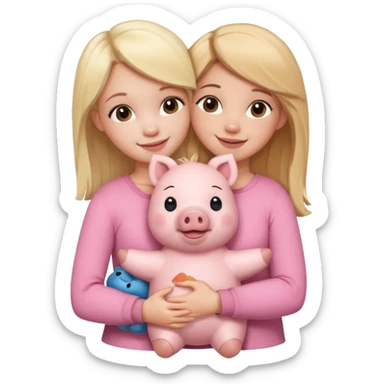 Girlfriends, one blonde and one brunette, hugging each other with a teddy bear and a little pig sticker