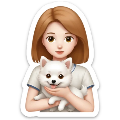 light brown hair girl with pale skin holding a white Japanese spitz dog sticker