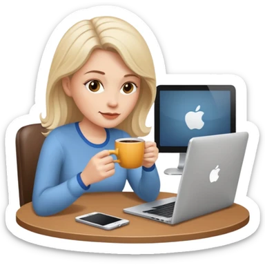 mujer blanca tomando cafe y con un computador sentada en una mesa  sticker