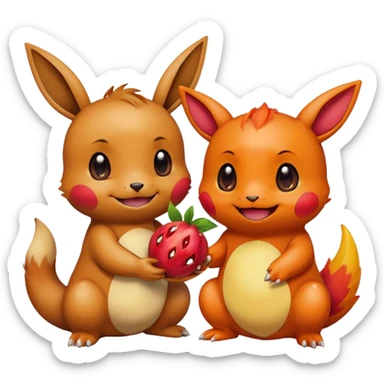Eevee and Charmander sitting side by side, happily sharing a big fruit together. Both look joyful and friendly, drawn in a playful emoji-like cartoon style. sticker