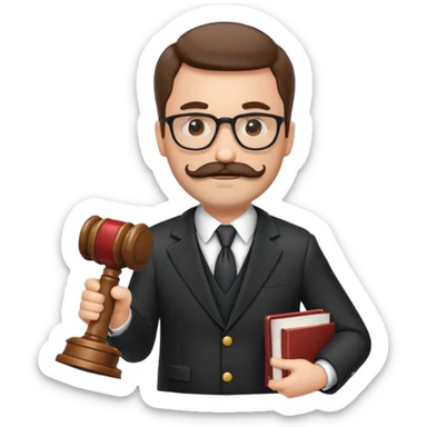 “Create a clean, modern emoji-style illustration of a male lawyer. He is wearing a formal suit jacket. He is holding a judge’s gavel in one hand and has a law book tucked under his arm. He has a mustache and beard!, and he is wearing glasses. sticker
