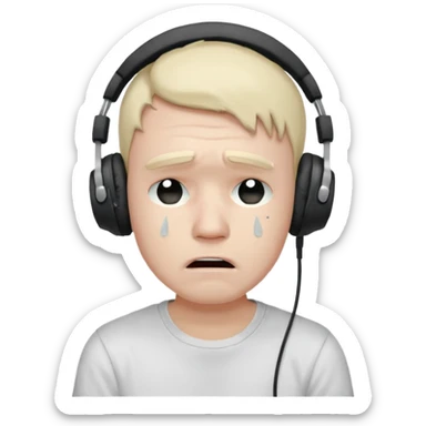 Male, crying, wearing headphone having mic, t-shirt 
 sticker