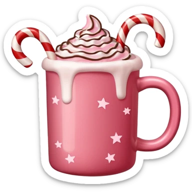 hot chocolate in red and pink pastel christmas mug with stars and candy cane, trendy aesthetic sticker