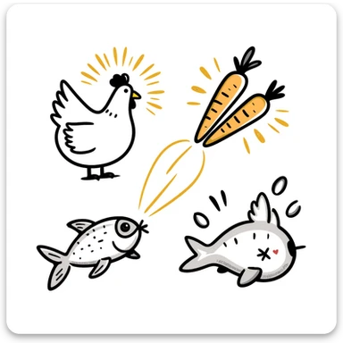 Ethereal magical image of glowing chicken, luminous fish, and radiant carrots with golden beams connecting them to a healthy eye, glowing skin and a shimmering immune shield sticker