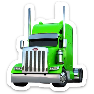 neon green peterbilt semi truck lowered on the ground with large chrome wheels and chrome smoke stacks profile view sticker