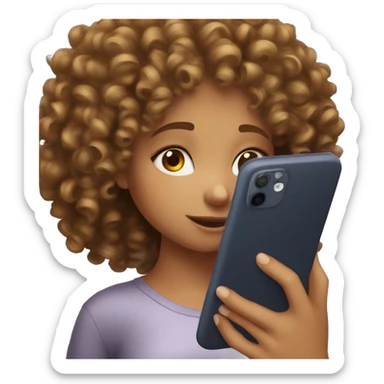 a curly haired girl looking down at the phone in her hand sticker