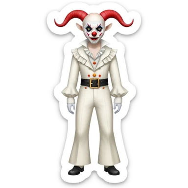full-body demonic clown in a white leisure suit with bellbottom pants, bald, with black ram horns, flashy belt, ruffled shirt, no neck tie sticker