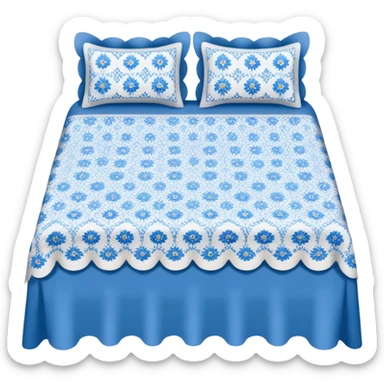 blue and white floral bed sheet with scalloped edges  sticker