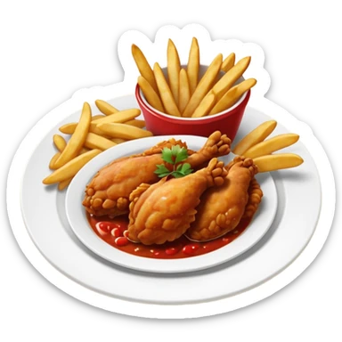 lato redondo con pollo frito en salsa roja brillante, arroz blanco y papas fritas doradas, vista desde arriba, fondo blanco, estilo simple. sticker