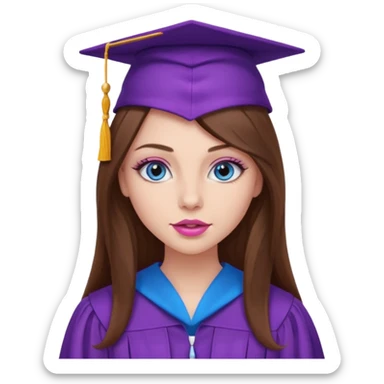 girl with beautiful very long brown hair, blue eyes, long lashes makeup, sexy pink lips, wearing a purple graduation cap and gown sticker