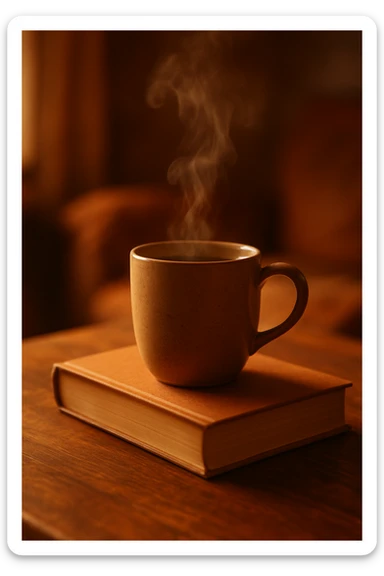 steaming mug of tea on a book, cozy atmosphere sticker