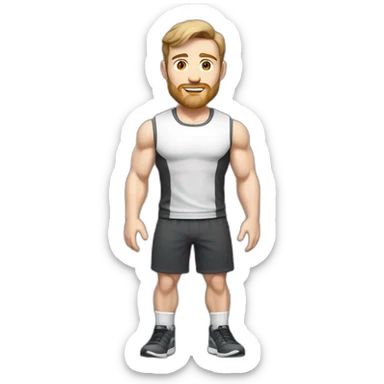 Full height Pale skinned fit man With biceps, Realistic eyes and mouth, light brown hair and stubble In dark gray sleeveless mike, black oversize sports shorts, watch and white sneakers. sticker