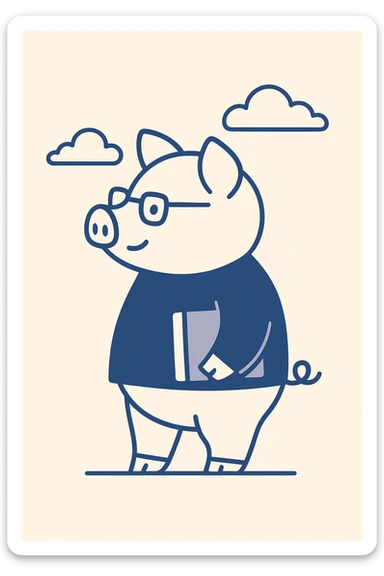 side view of a pig, cartoon style, academic color palette, with subtle scholarly elements like glasses or a book sticker