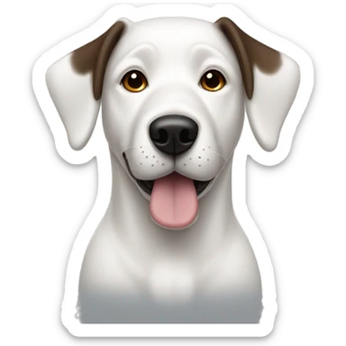 white dog with one dark brown ear sticker