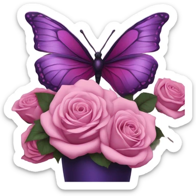 Aesthetic butterfly with purple and pink wings sitting on a dark purple bouquet of Roses in a pastel pink vase sticker