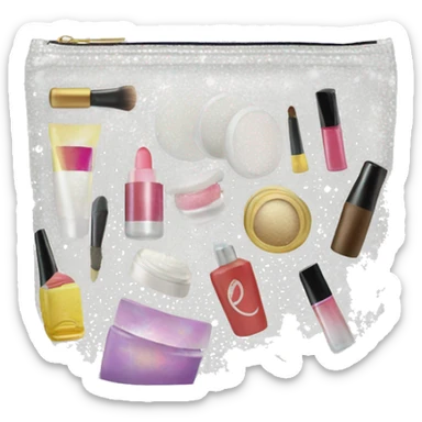 White glittery Cosmetic Bag with cosmetics sticker