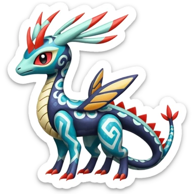 zig-zag-patterned tribal tropical hot spotted Meloetta-Dialga-Salamence-Giratina-Noivern-Pokémon-Fakémon-fusion-hybrid-creature sticker