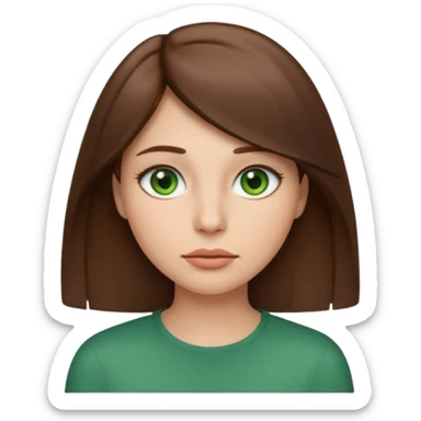 Female face emoji. Straight medium-length brown hair, fair skin, green eyes, neutral expression, closed lips, minimal makeup sticker
