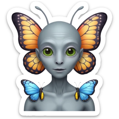 an standard grey alien with seperate a butterfly on shoulder sticker
