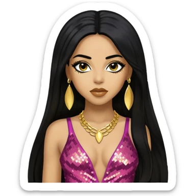 Aaliyah as Akasha with long black hair, gold sequin outfit sticker
