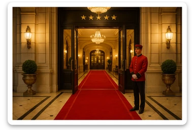 5 star hotel, bellhop at entrance, red carpet, classic luxury sticker