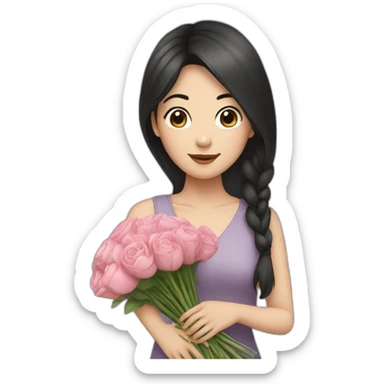 Asian girl with dark hair with a bouquet sticker