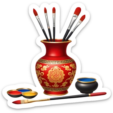 Chinese metal painting icon, delicate Chinese patterns painted on a metal vase, visible fine paintbrush, paint pots, and accessories like porcelain palette and cloth, vibrant colors like red, gold, and black, minimalistic style, clean lines, transparent background. sticker