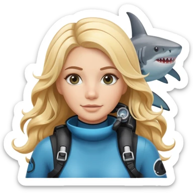 A scuba (long blonde wavy hair gray eyes) girl and a shark sticker