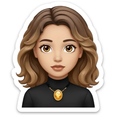 brown balayage hair long wawy (not to much curly/not afro), light skin tone, brown eyes, not too skinny, black outfit, beauty mark on  the left side of the face next to the lip

 sticker
