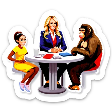 Stormy Daniels, a Monkey, a donkey, and Trump sit around a table sticker