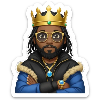 African American man with shoulder length black dreadlocks with black beard wearing  dark black sunglasses with a black bubble winter coat wearing a crown with arms folded on chest sticker