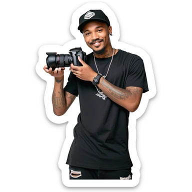 A young, black, South African, male cinematographer dressed in a black round neck t-shirt, black pants and black baseball cap holding a mirrorless dslr camera in one hand. Dark brown eyes. Bright white smile. Minimal facial hair — a small moustache connected to a goatee. Arms covered in tattoos. sticker