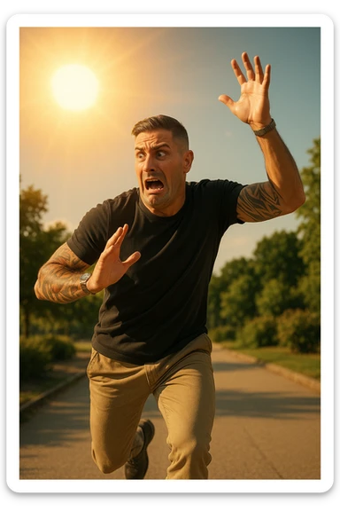 Uomo che corre via dal sole spaventato perchè pensa sia nocivo realistica sticker